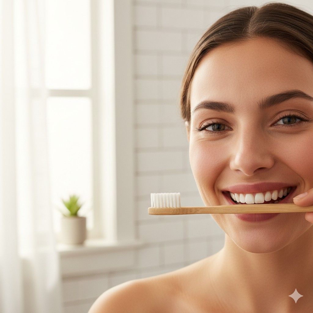 Woman smiling while holding a bamboo toothbrush
